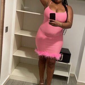 Fashion Nova Pink Feather Hem Mini Dress